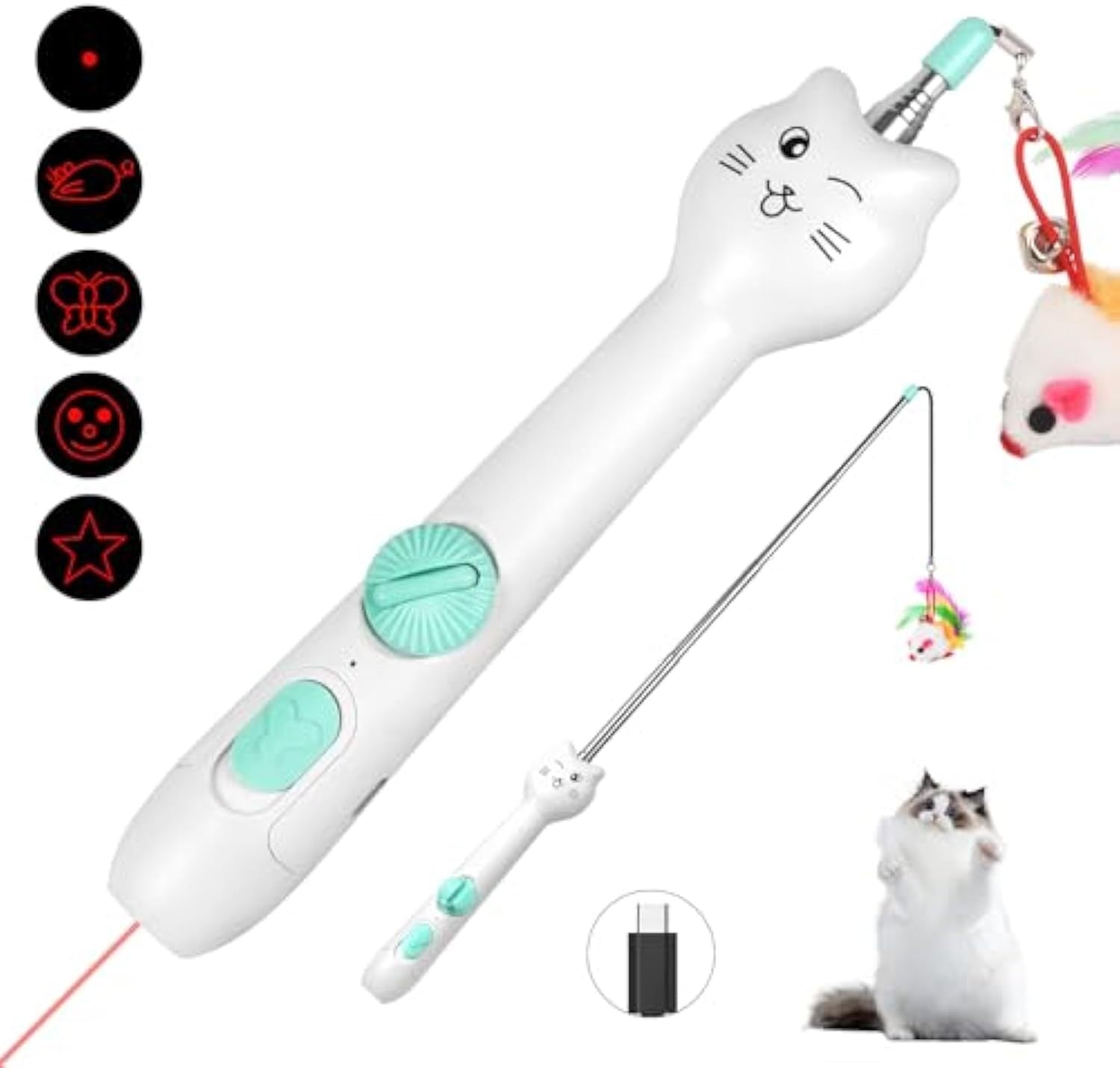 Interactive Cat Toy - Rechargeable Laser Wand with Feather Fun